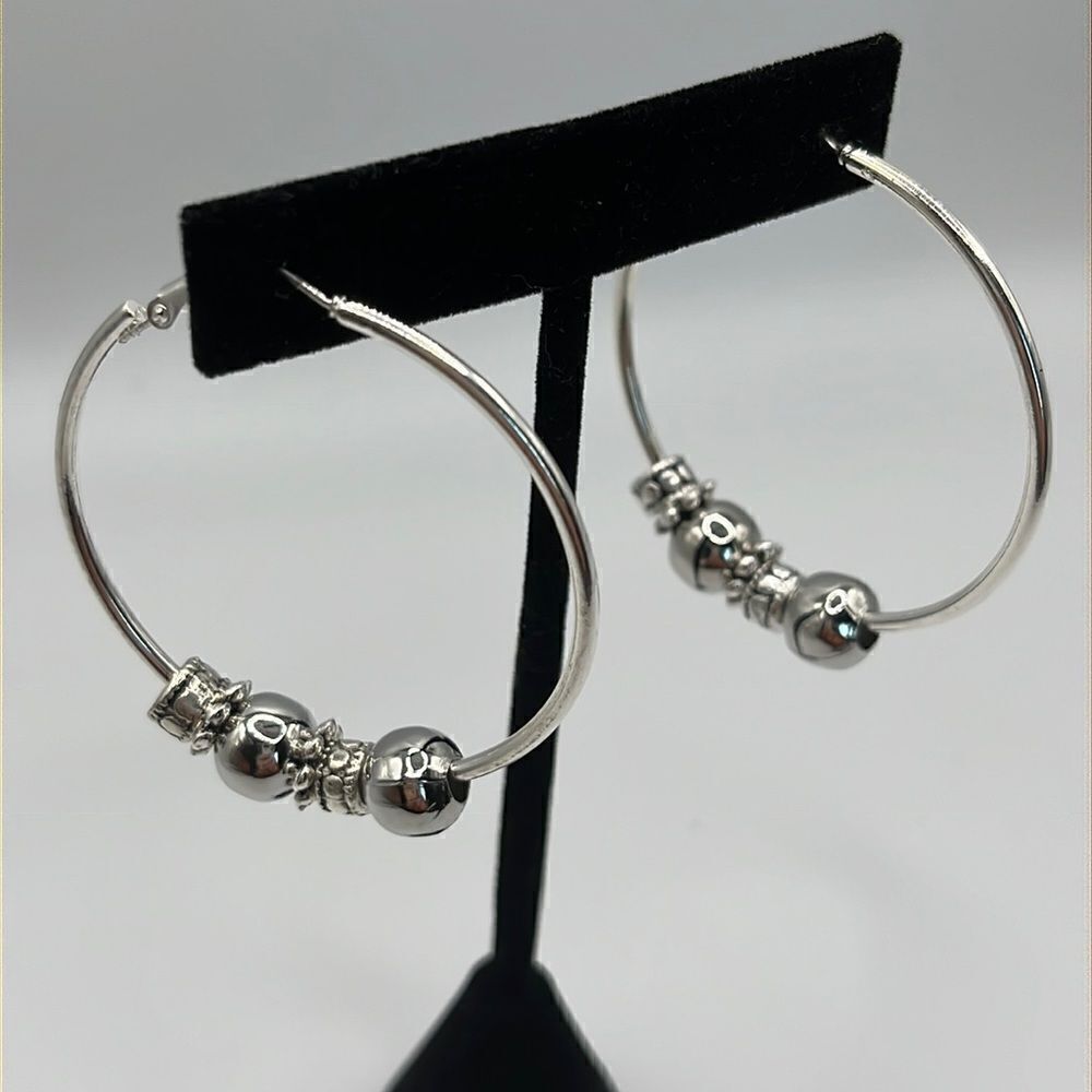 Silver-tone Shiny 6 Beads 2” Hoop Earrings